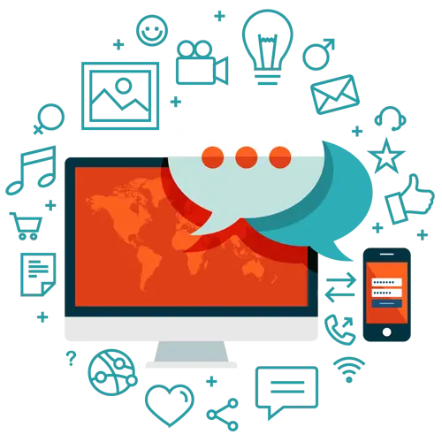 Flat illustration of digital communication with chat and idea icons
