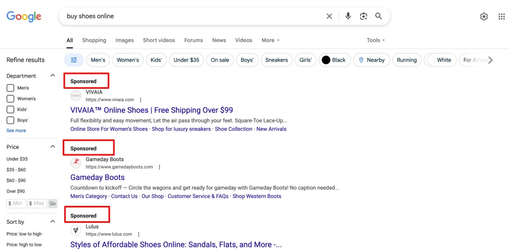 examples of google ads search result