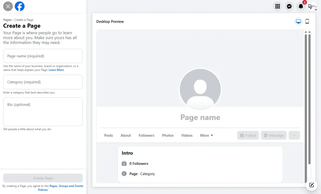 Create a New Profile or Page