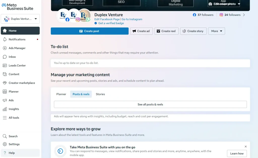 Meta Business Suite Dashboard