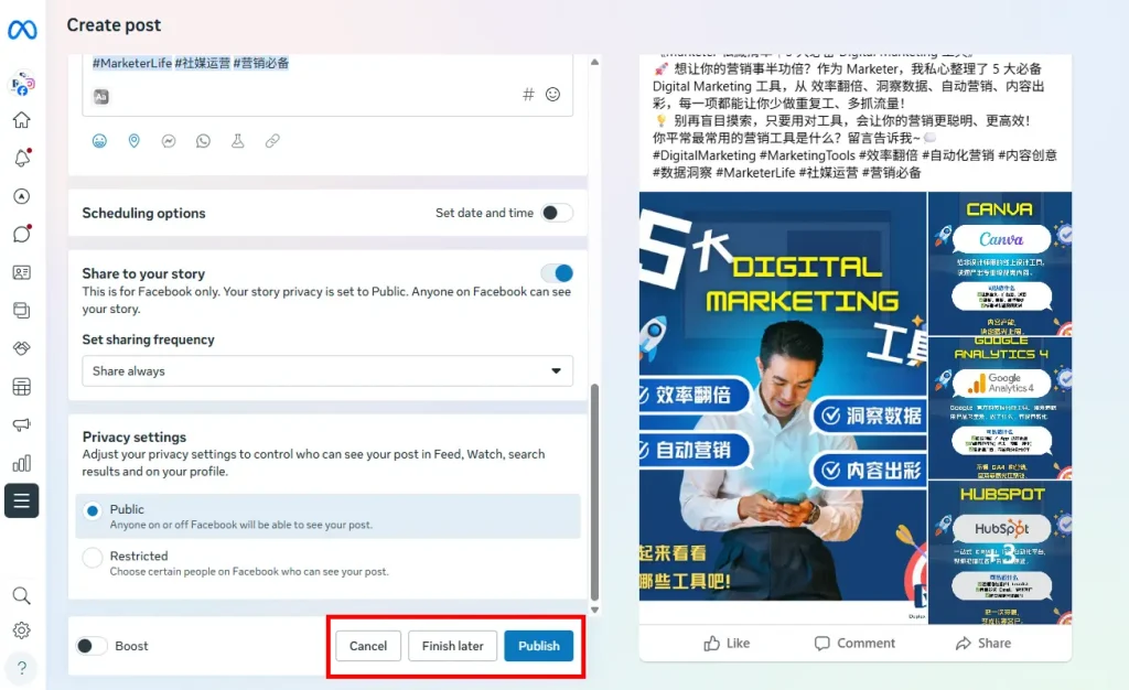 Publish post in meta business suite