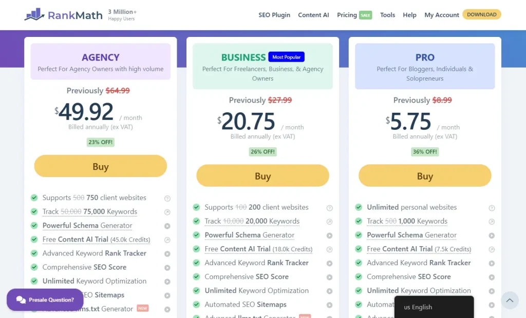 rankmath seo pricing