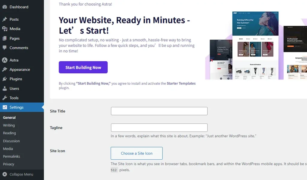 WordPress Settings General Site Title and Tagline