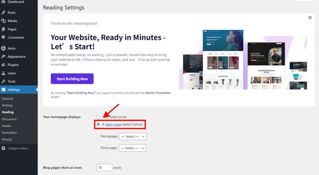 WordPress Settings Reading A Static Page Setup